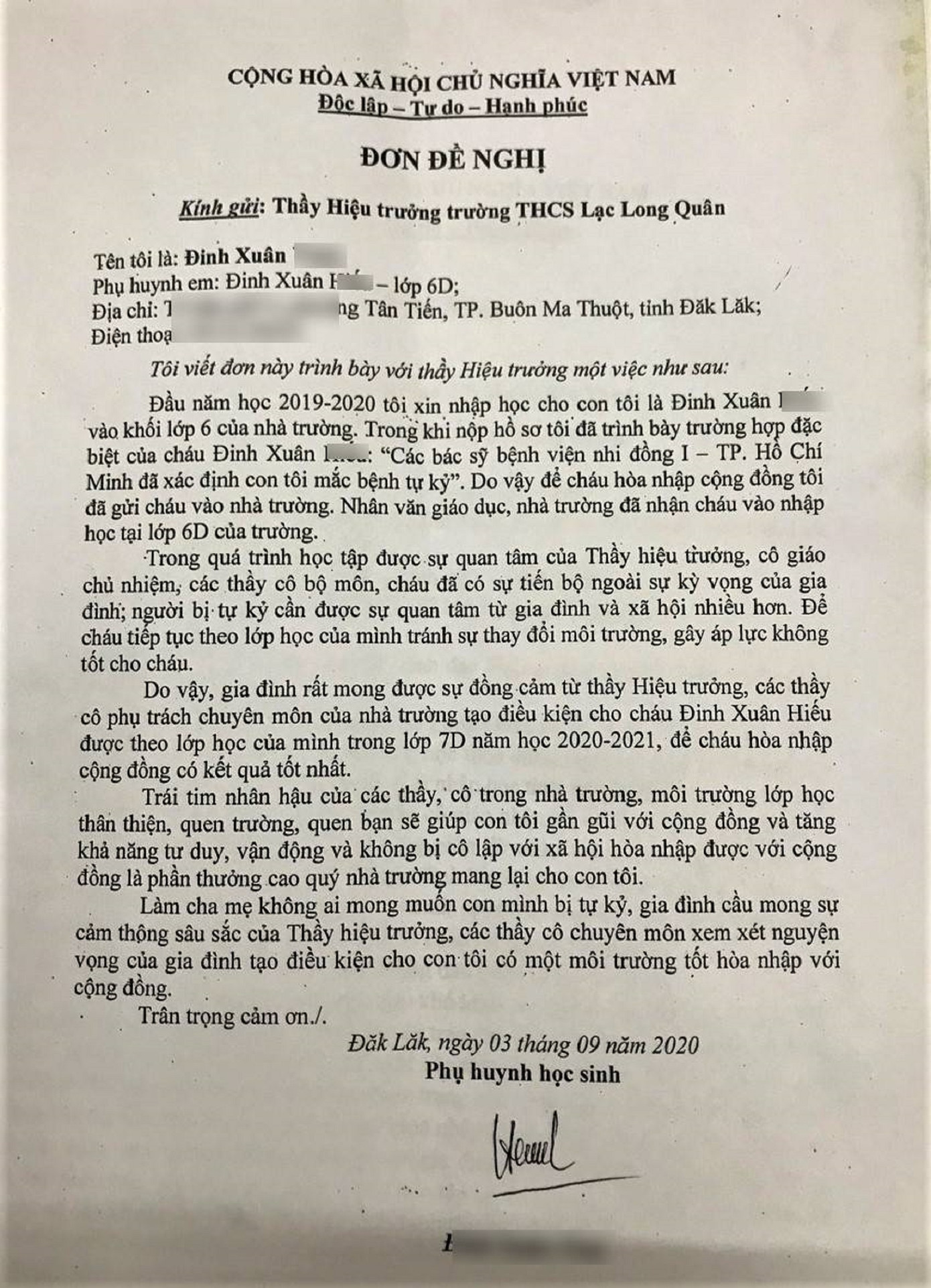 Đơn xin cho con học hòa nhập của gia đình cháu H. Đơn xin cho con học hòa nhập của gia đình cháu H.