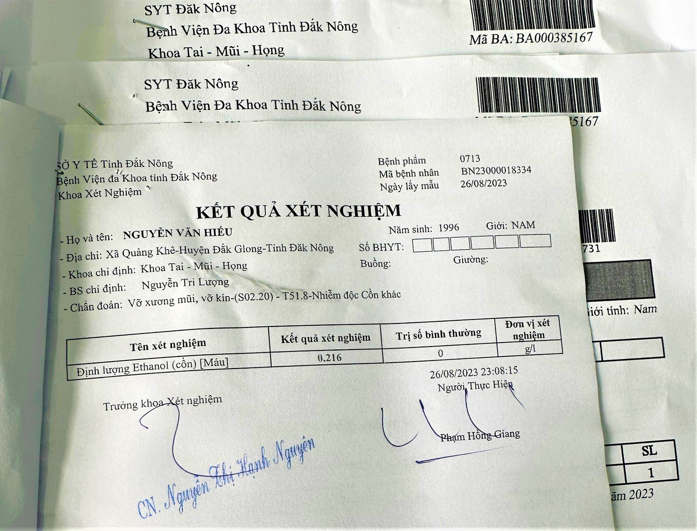 Kết quả đo nồng độ cồn của nam thanh niên Nguyễn Văn Hiếu