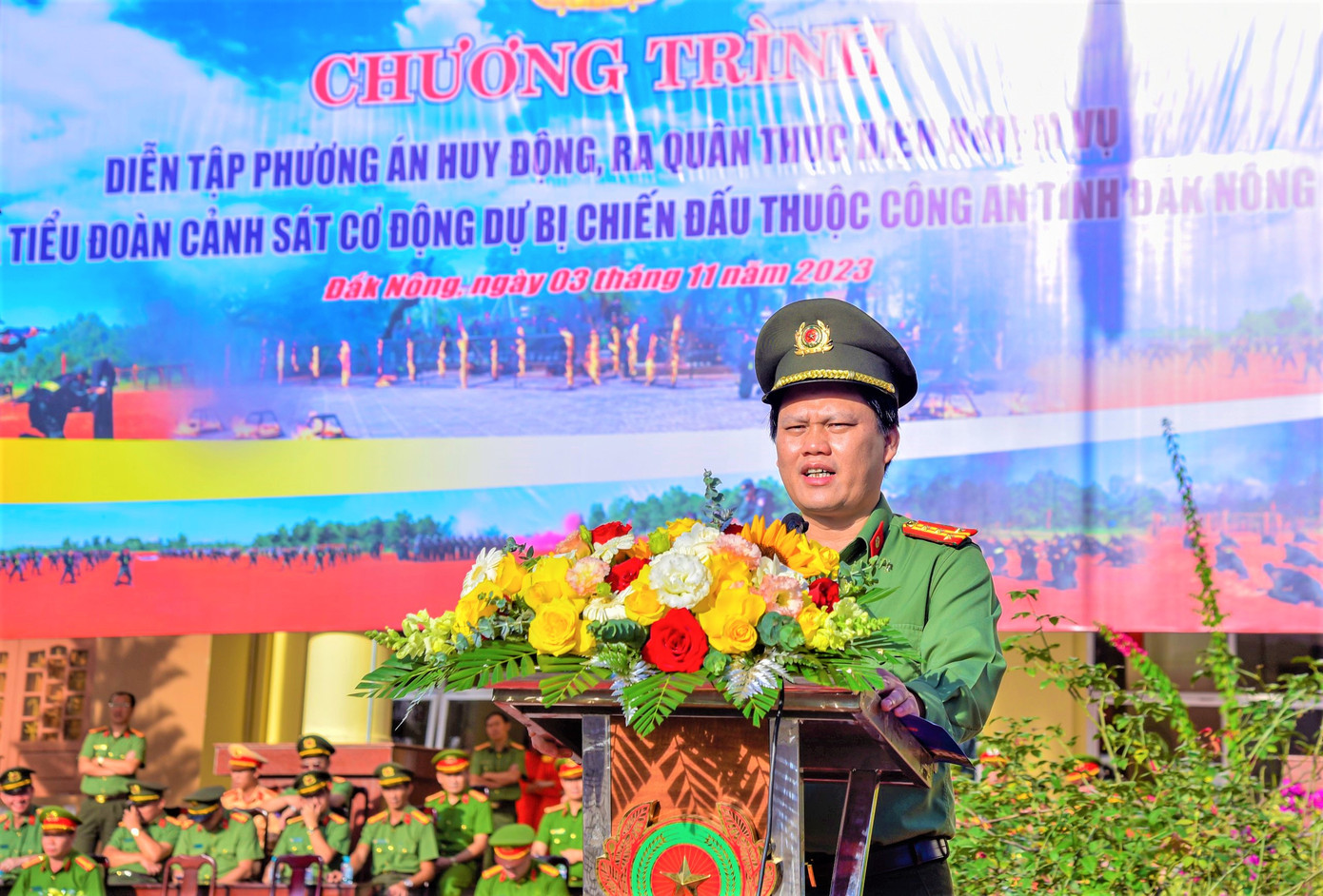 Đại tá Bùi Quang Thanh, Giám đốc Công an tỉnh Đắk Nông, phát biểu chỉ đạo diễn tập Đại tá Bùi Quang Thanh, Giám đốc Công an tỉnh Đắk Nông, phát biểu chỉ đạo diễn tập