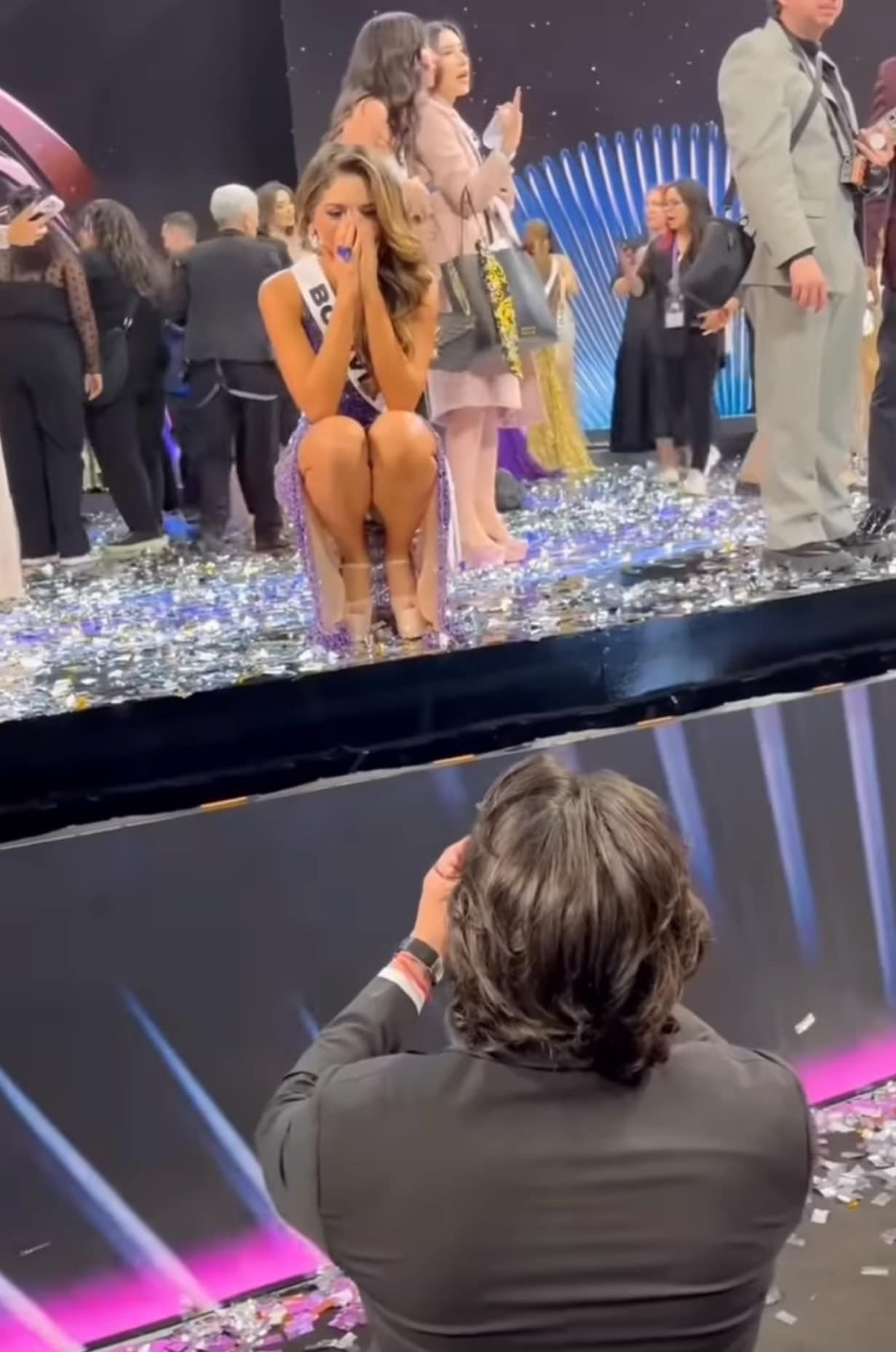 Juliana Barrientos vỡ òa khi được bạn trai cầu hôn ngay trên sân khấu chung kết Hoa hậu Hoàn vũ 2024.