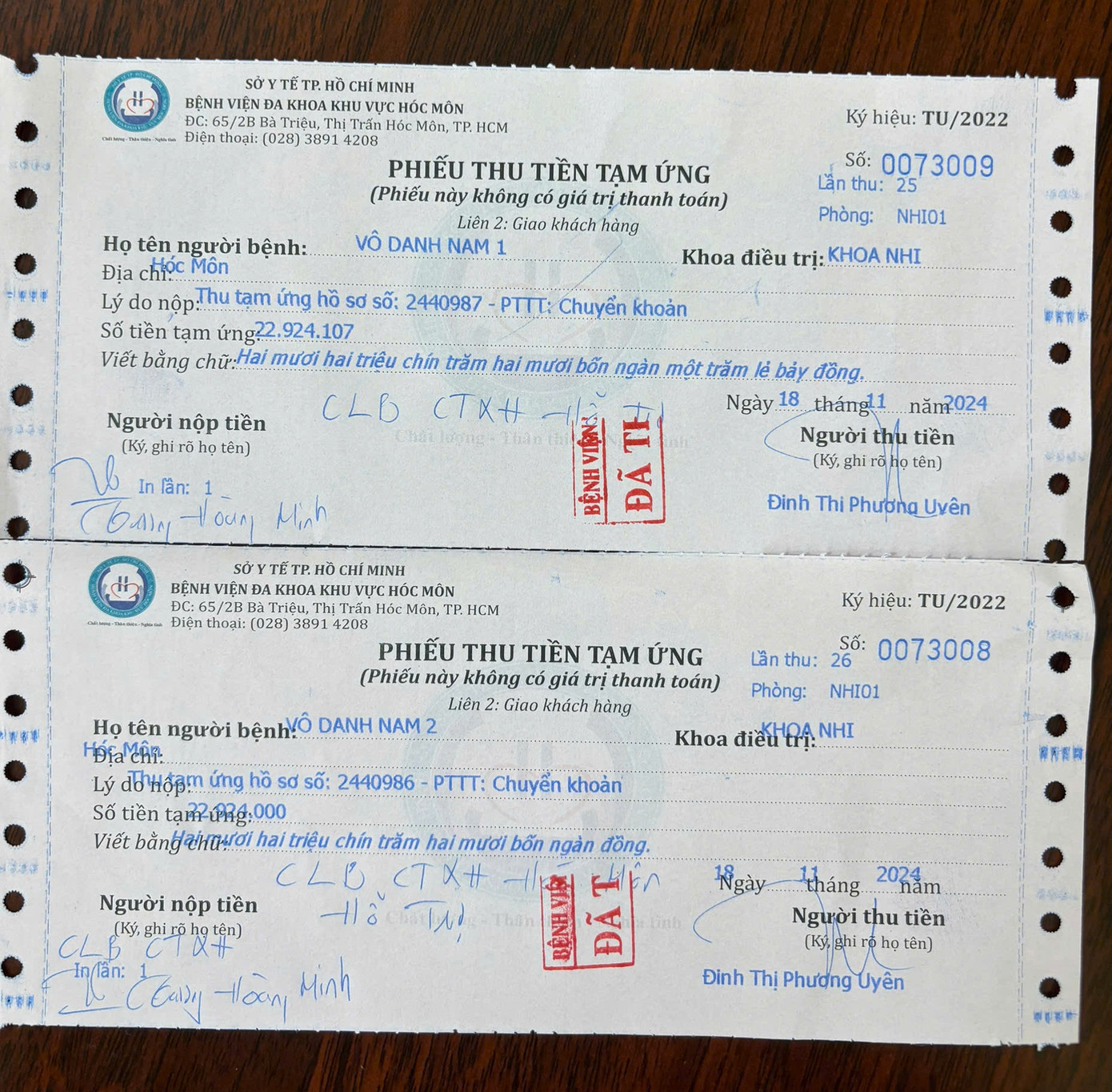 Đại diện CLB Công tác xã hội huyện Hóc Môn đến thăm và đóng viện phí cho 2 bé