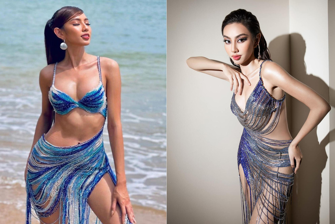 Kiểu váy lấy cảm hứng từ 'nàng tiên cá' cũng đã được Thùy Tiên mặc khi tham dự cuộc thi Miss Grand 2021 ở Phuket, Thái Lan. Hai kiểu váy có thiết kế và màu sắc khá giống nhau, mang lại vẻ đẹp cực nóng bỏng cho nàng hậu.