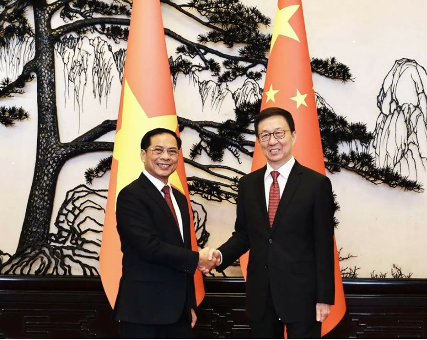 Phó Thủ tướng, Bộ trưởng Ngoại giao Bùi Thanh Sơn trong cuộc hội kiến Phó Chủ tịch nước Trung Quốc Hàn Chính. (Ảnh: VGP)