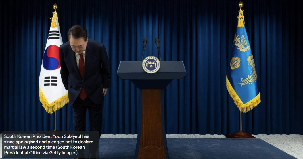 Tổng thống Hàn Quốc Yoon Suk Yeol cúi đầu xin lỗi người dân, ngày 9/12. (Ảnh: Getty) Tổng thống Hàn Quốc Yoon Suk Yeol cúi đầu xin lỗi người dân, ngày 9/12. (Ảnh: Getty)