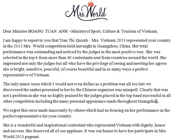 Văn bản xin lỗi của BTC sau sự cố xảy ra. Văn bản xin lỗi của BTC sau sự cố xảy ra