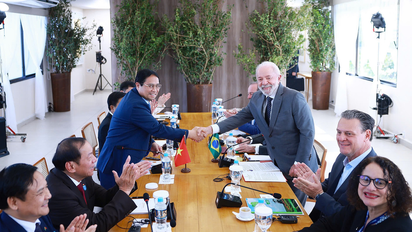 Thủ tướng Phạm Minh Chính và Tổng thống Brazil Luiz Inacio Lula da Silva tại cuộc hội đàm. Ảnh: VGP