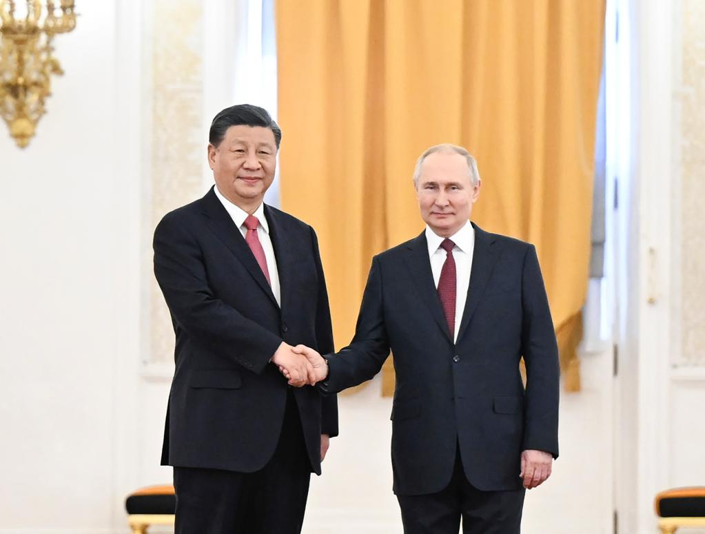 Chủ tịch Trung Quốc Tập Cận Bình và Tổng thống Nga Vladimir Putin hội đàm ngày 21/3 tại Mátxcơva. Ảnh: Xinhua.