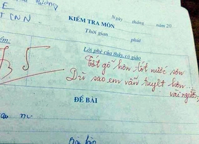 Giáo viên đã “thưởng” cho bài làm điểm số khá cao với những dòng thơ chế tác từ câu tục ngữ quen thuộc: “Tốt gỗ hơn tốt nước sơn/ Dù sao em vẫn tuyệt hơn vài người”