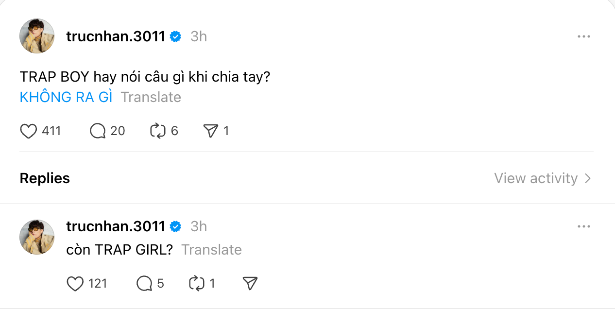 Trúc Nhân đi tìm cánh tay của các Trap Boy, Trap Girl trên Threads. Trúc Nhân đi tìm cánh tay của các Trap Boy, Trap Girl trên Threads.