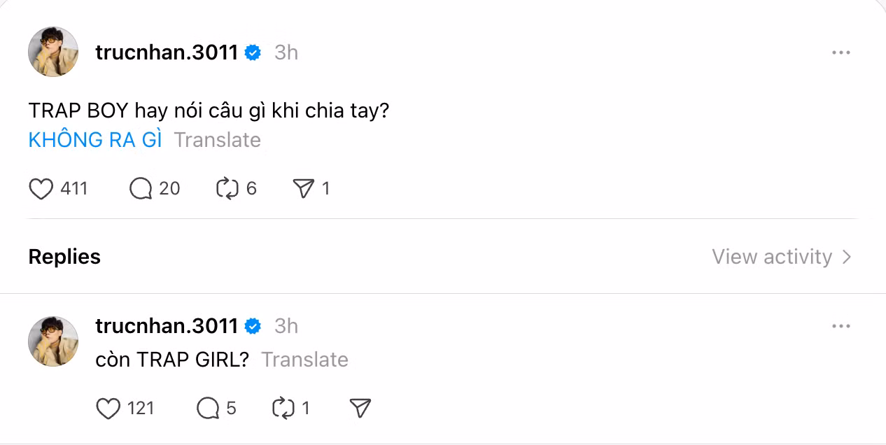 Trúc Nhân đi tìm cánh tay của các Trap Boy, Trap Girl trên Threads.