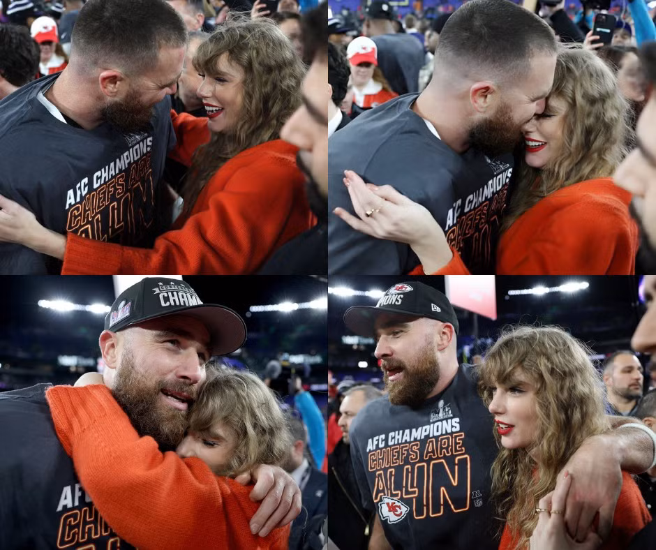 Taylor Swift hạnh phúc, ôm chầm lấy bạn trai sau chiến thắng của đội bóng.