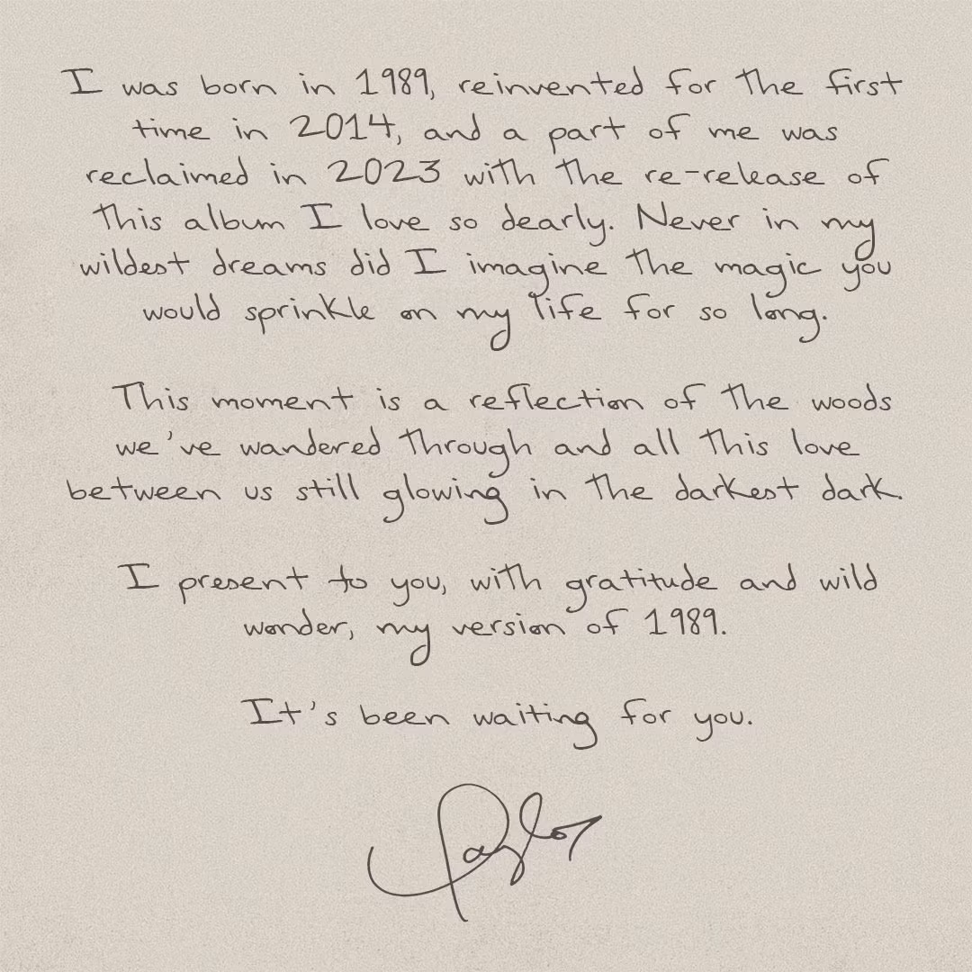 Taylor Swift viết thư tay gửi người hâm mộ trước thềm ra mắt album 1989 (Taylor's Version).