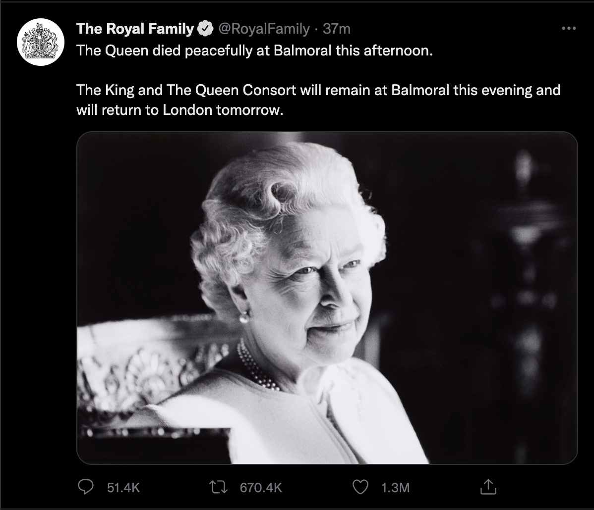 Cung điện Buckingham xác nhận Nữ hoàng Anh Elizabeth II đã qua đời tại lâu đài Balmoral (Scotland).