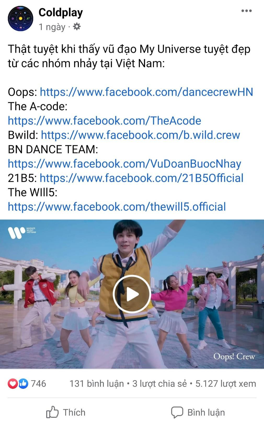 Coldplay khen ngợi nhóm nhảy Việt Nam trên trang fanpage 40 triệu người theo dõi.