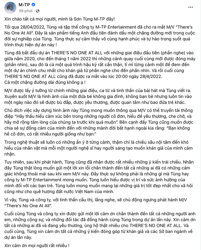 Sơn Tùng M-TP phản hồi về MV There's No One At All trên trang cá nhân 14 triệu người theo dõi. Sơn Tùng M-TP phản hồi về MV There's No One At All trên trang cá nhân 14 triệu người theo dõi.