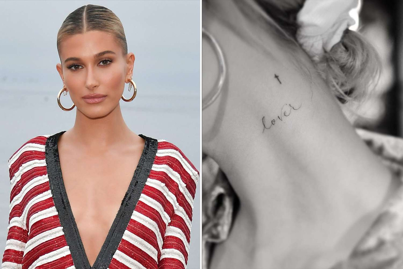 Hình xăm chữ "G" đằng sau tai trái của Hailey Bieber.