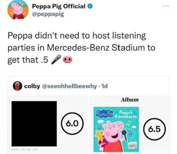 Tài khoản Twitter của Peppa Pig đăng dòng trạng thái &quot;cà khịa&quot; album mới của Kanye West.