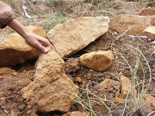 Tảng đá được cho là đất sét trộn với mật cứng như bê tông tại hiện trường. Tảng đá được cho là đất sét trộn với mật cứng như bê tông tại hiện trường