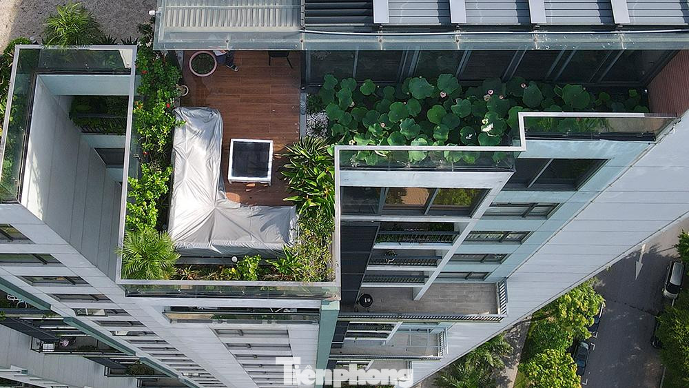 Khu vực sân vườn của căn penthouse được vợ chồng gia chủ tận dụng tối đa để vừa có không gian cho những buổi tiệc ngoài trời cùng bạn bè, vừa có những góc "sống ảo" cùng thiên nhiên, hoa lá.