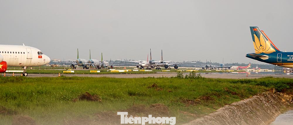 Trong số này, chiếm số lượng nhiều nhất là tàu bay của Vietnam Airlines, áp đảo hoàn toàn các vị trí đỗ, kéo dài từ đầu tới cuối sân đỗ.