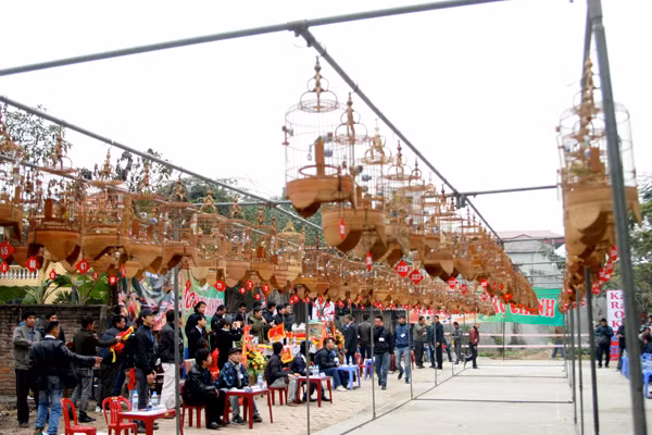Hơn 200 lồng chim tham gia cuộc thi đầu năm mới 2012 của Hội quán Hoàng Mai (Hà Nội)