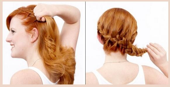 Lấy một ít tóc từ trên cao và tết chặt tay nghiêng sang một bên. Lấy một ít tóc từ trên cao tết sang trái