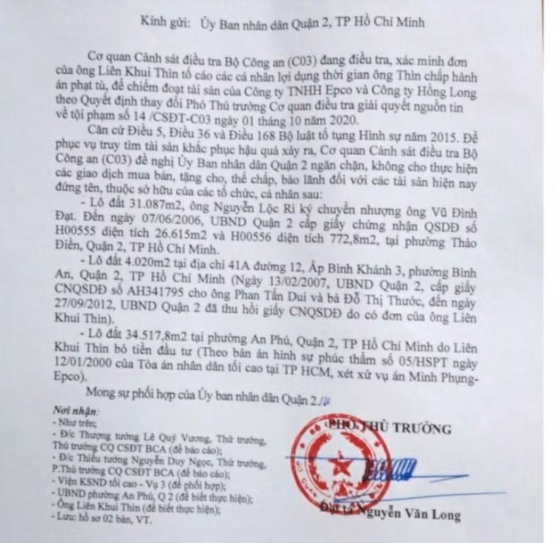 Thông báo của Bộ Công an yêu cầu ngăn chặn giao dịch, chuyển nhượng các lô đất thi hành án, trong đó có khu đất 3 ha ở phường Thảo Điền Thông báo của Bộ Công an yêu cầu ngăn chặn giao dịch, chuyển nhượng các lô đất thi hành án, trong đó có khu đất 3 ha ở phường Thảo Điền