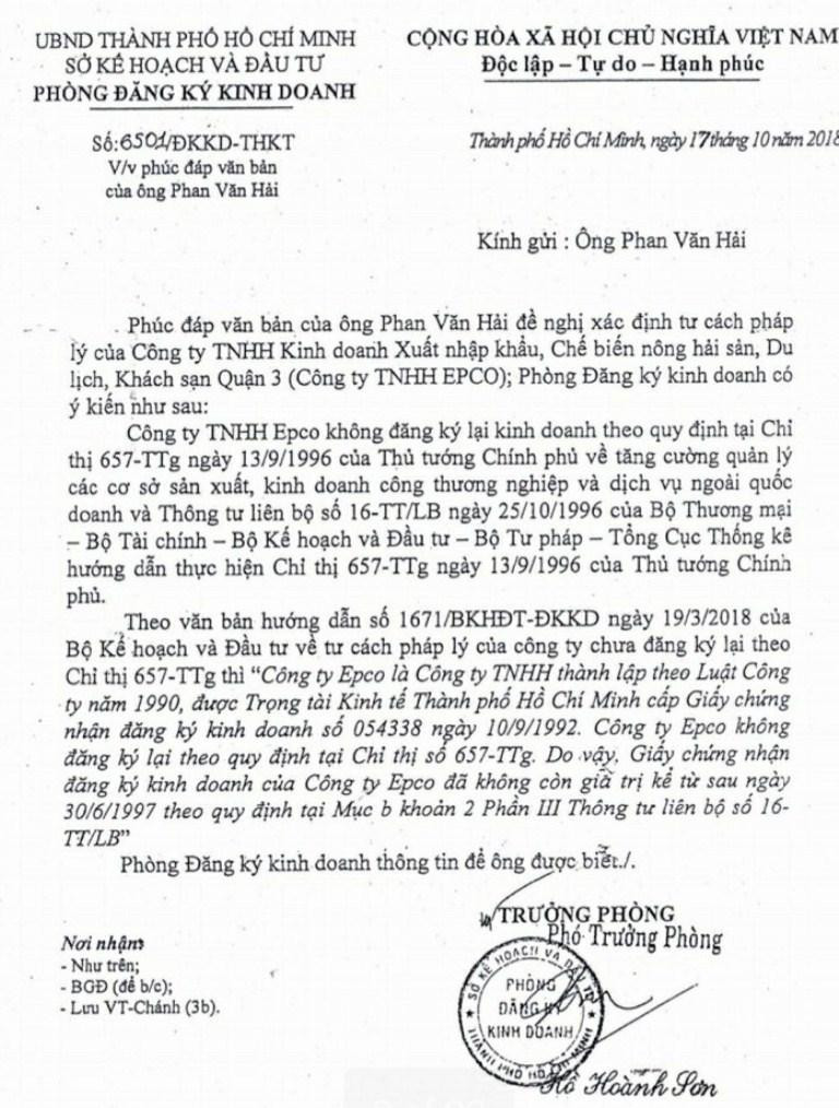 Giấy chứng nhận đăng ký kinh doanh và con dấu của công ty Epco không còn giá trị nhưng vẫn được sử dụng trên các hợp đồng chuyển nhượng