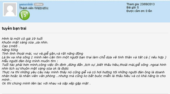 Topic đăng tuyển bạn trai của cô gái. Topic đăng tuyển bạn trai của cô gái. Bài viết: http://news.zing.vn/9X-bi-nem-da-vi-len-mang-tuyen-ban-trai-doanh-nhan-post357128.html#home_cate.tinmoi Nguồn Zing News