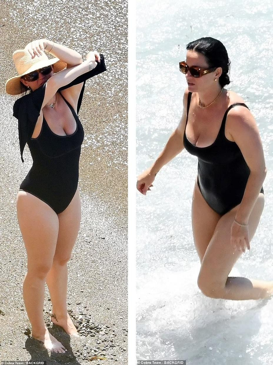 Nữ ca sĩ sinh năm 1984 mặc áo tắm liền thân màu đen ôm lấy thân hình đẫy đà. Thiết kế khoét sâu phần trên của bộ đồ bơi giúp giọng ca &quot;Roar&quot; khoe được vòng một &quot;bốc lửa&quot;.