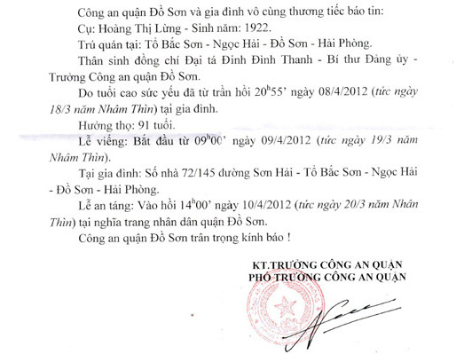 Thông báo tin buồn mẹ trưởng công an quận mất do cấp dưới ký