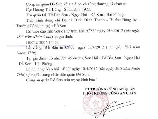 Thông báo tin buồn mẹ trưởng công an quận mất do cấp dưới ký