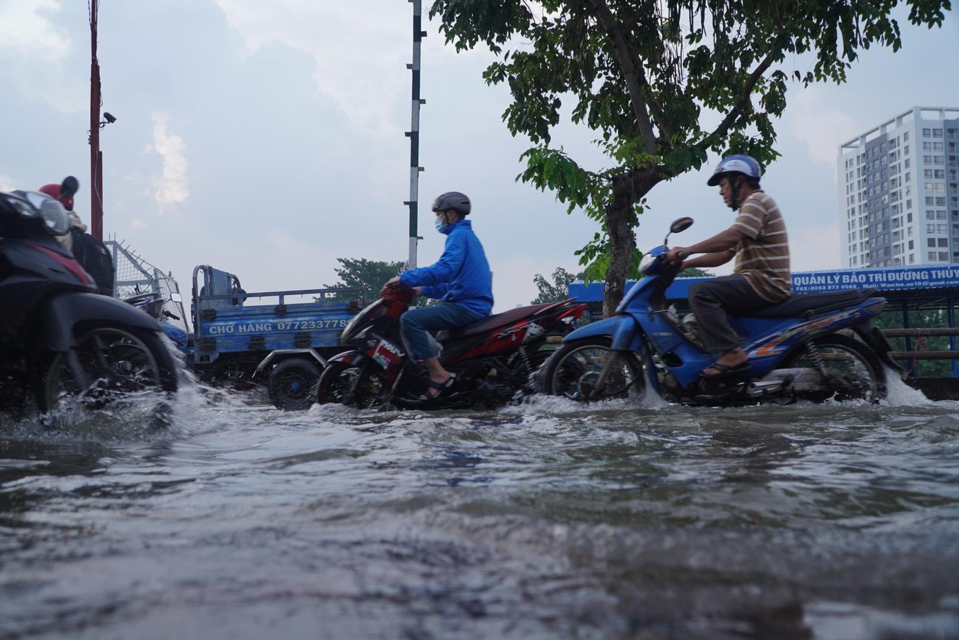 Ngoài đường Trần Xuân Soạn, nhiều tuyến đường vùng trũng, thấp và ven sông ở TPHCM như Huỳnh Tấn Phát (quận 7), Lê Văn Lương, Nguyễn Bình, Đào Sư Tích (Nhà Bè), quốc lộ 50 (Bình Chánh)... cũng xảy ra tình trạng ngập do triều cường vào chiều 10/10.