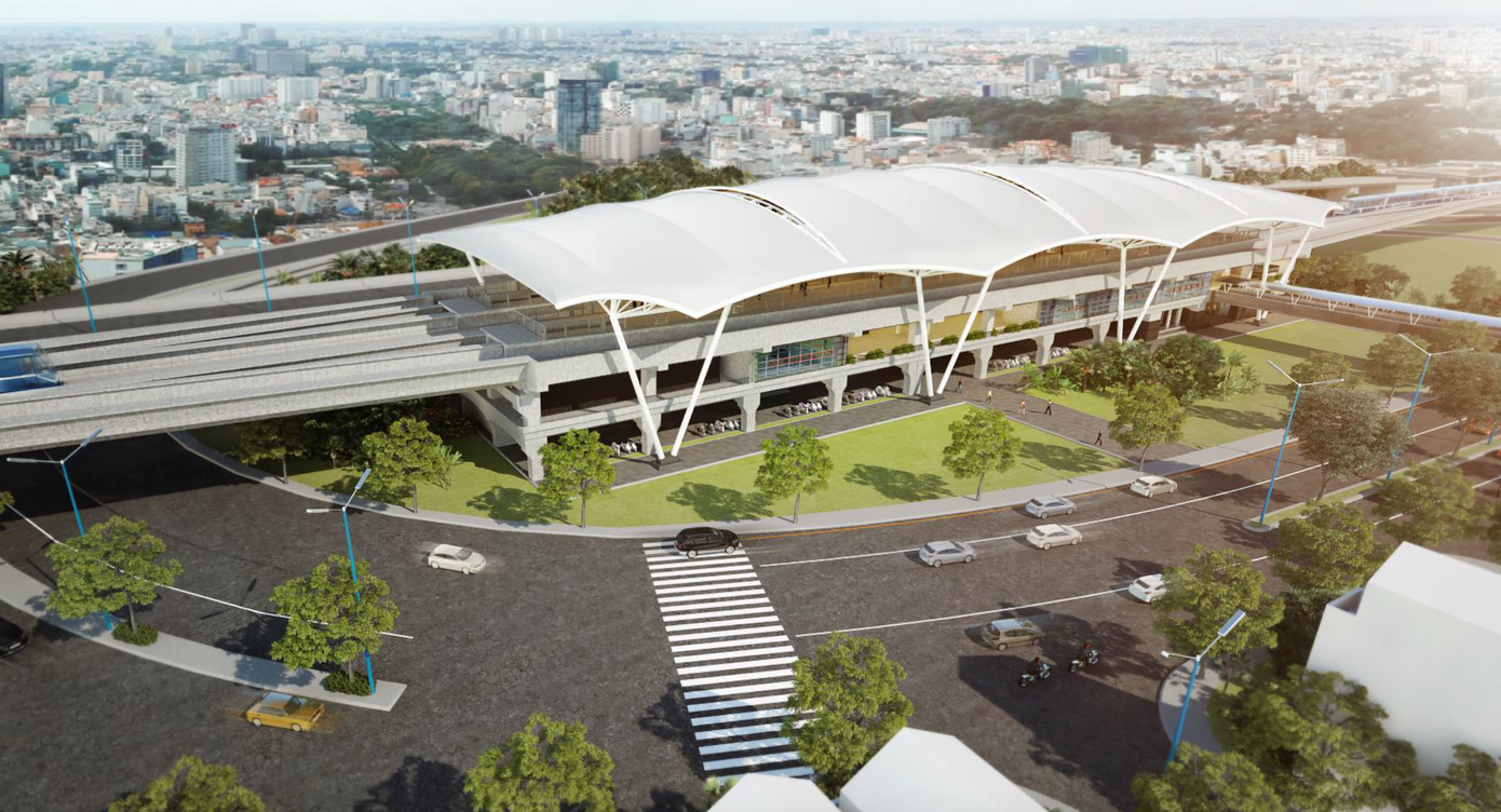 Theo MAUR, điều đặc biệt nhất của ga trên cao này là hệ thống mái che có diện tích 6.200m2 được thiết kế bằng màng sợi thuỷ tinh phủ nhựa xuất xứ từ Nhật Bản có quy mô lớn nhất Việt Nam ở thời điểm hiện tại. (Ảnh: Phối cảnh ga Tân Cảng sau khi hoàn thành/Nguồn: MAUR)