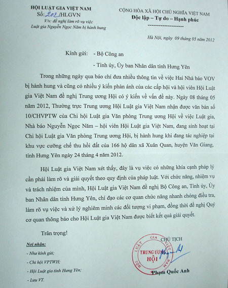 Văn bản của Hội Luật gia Việt Nam đề nghị Bộ Công an vào cuộc. Ảnh: Dân Trí