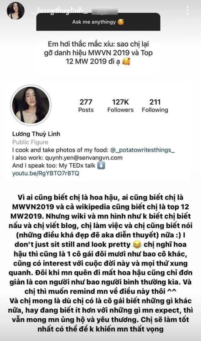 Lương Thùy Linh giải thích về lý do cô gỡ bỏ danh hiệu. Lương Thùy Linh giải thích về lý do cô gỡ bỏ danh hiệu.