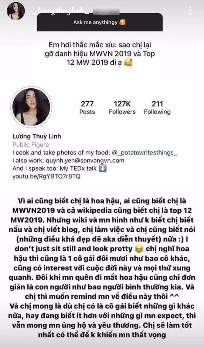 Lương Thùy Linh giải thích về lý do cô gỡ bỏ danh hiệu.