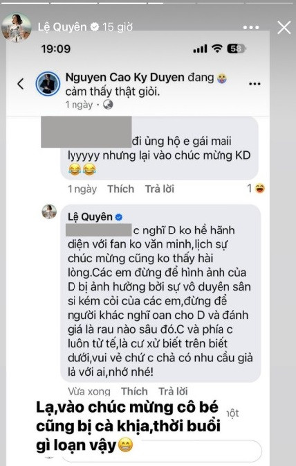 Lệ Quyên (như mọi lần) rất chăm chỉ đáp trả anti-fan. Lệ Quyên (như mọi lần) rất chăm chỉ đáp trả anti-fan.