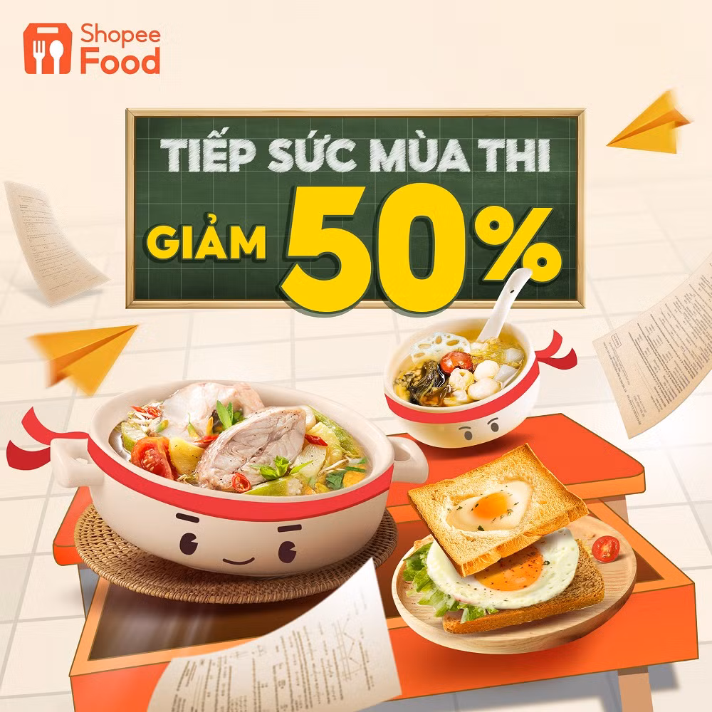 Menu giảm nửa giá từ ShopeeFood, giảm thêm 50% phí vận chuyển cho đơn hàng từ 60.000 đồng, duy nhất trong mùa thi THPT 2023.