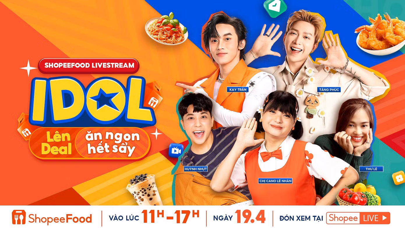 Livestream ShopeeFood 19.4 đồng thời mang đến không gian giải trí đặc sắc với dàn khách mời “hút views” như Kay Trần, Tăng Phúc, chị Cano, Huỳnh Nhựt và Thư Lê.