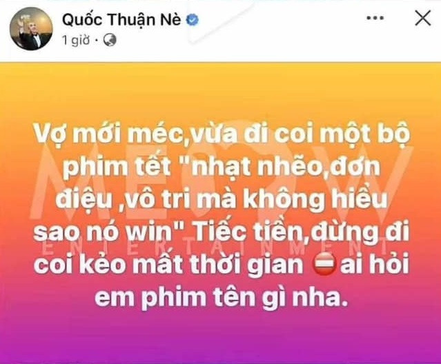 Lê Giang đáp trả một bài đăng chê phim của diễn viên Quốc Thuận. Nguồn ảnh: Meow Lê Giang đáp trả một bài đăng chê phim của diễn viên Quốc Thuận. Nguồn ảnh: Meow