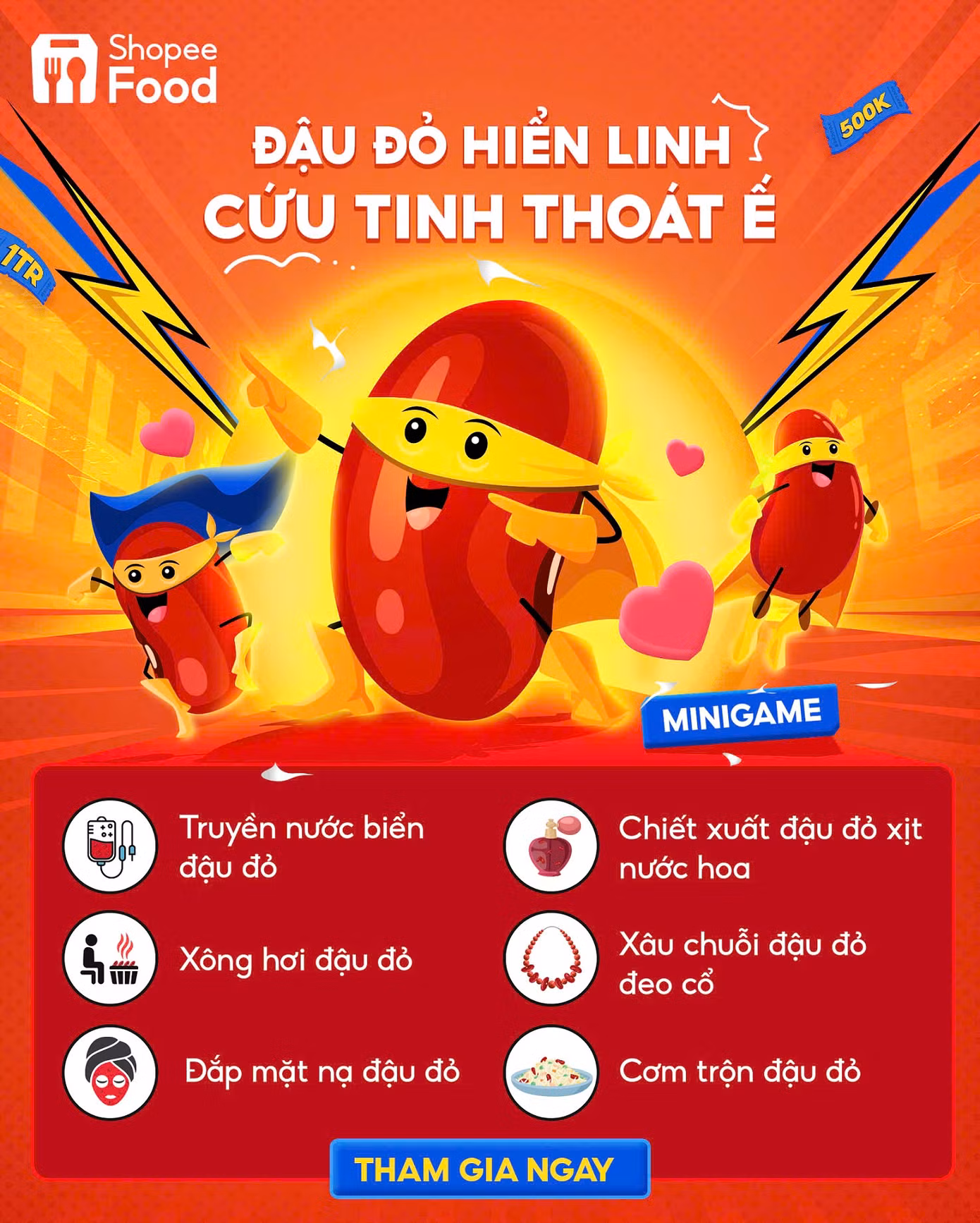 Xông hơi bằng đậu đỏ, làm bộ nail bằng đậu đỏ, làm món soup gà hầm đậu đỏ,... chính là những phương thức dùng đậu đỏ độc lạ chỉ có tại minigame của ShopeeFood VN. Xông hơi bằng đậu đỏ, làm bộ nail bằng đậu đỏ, làm món soup gà hầm đậu đỏ,... chính là những phương thức dùng đậu đỏ độc lạ chỉ có tại minigame của ShopeeFood VN.