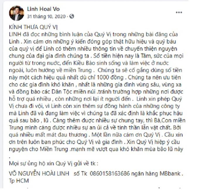 Tháng 10 năm ngoái NS Hoài Linh liên tục kêu gọi khán giả ủng hộ đồng bào miền Trung.