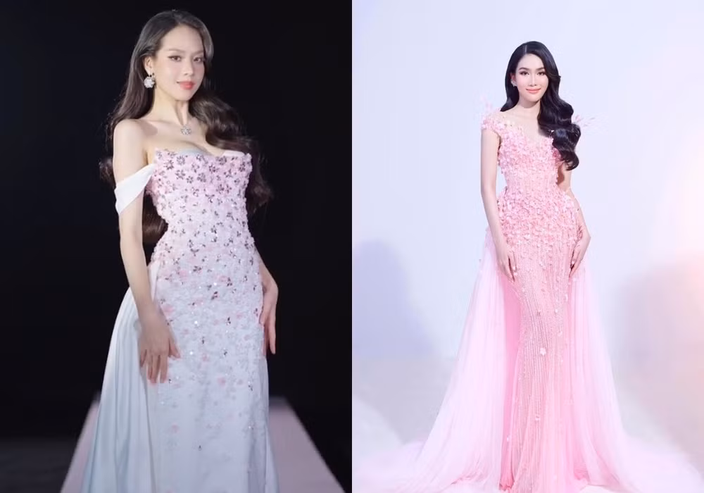 Váy dạ hội của hai nàng hậu đều lấy cảm hứng từ hoa anh đào. Váy dạ hội của hai nàng hậu đều lấy cảm hứng từ hoa anh đào.