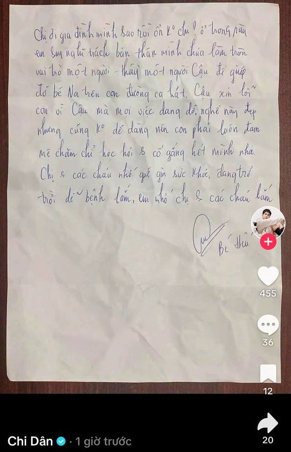 Kênh TikTok của Chi Dân đăng tải thư tay anh gửi cho người nhà.