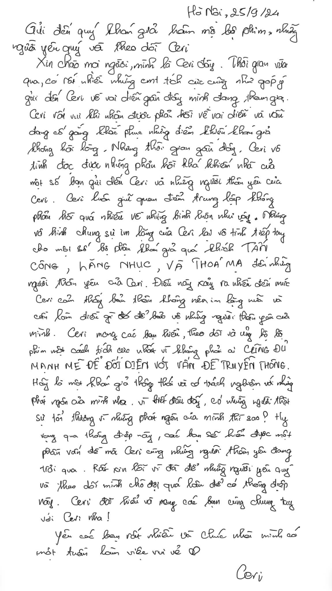 Nữ diễn viên viết thư tay nhắn gửi khán giả.