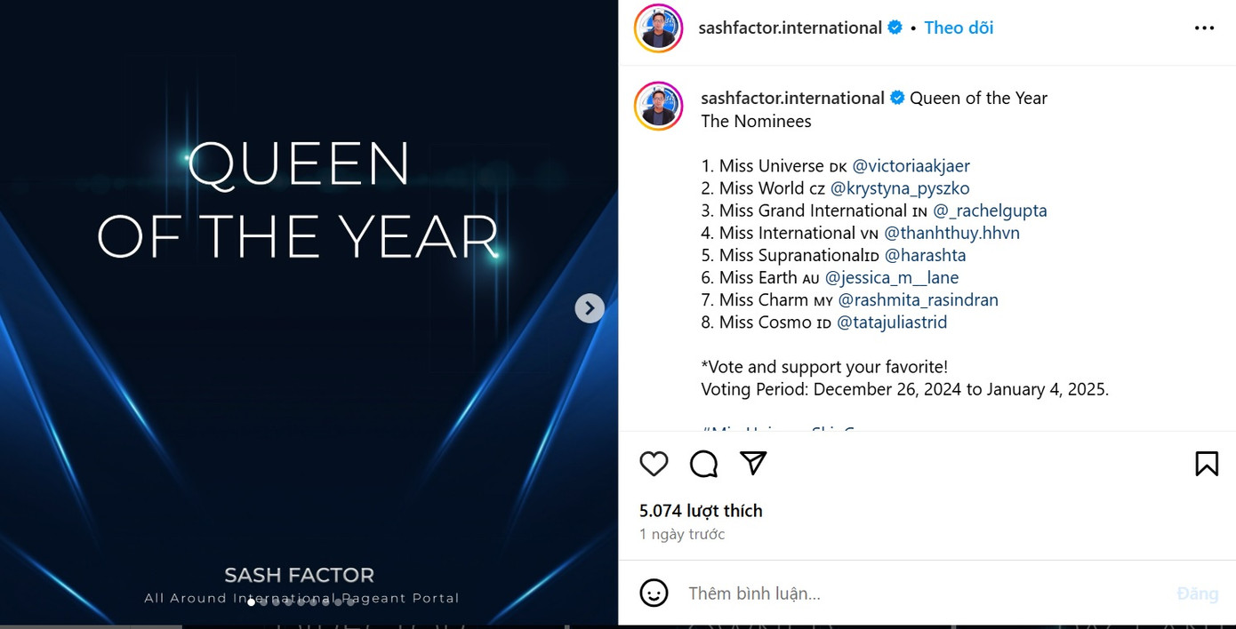 Hoa hậu Thanh Thủy được đề cử Queen of the year. Hoa hậu Thanh Thủy được đề cử Queen of the year.