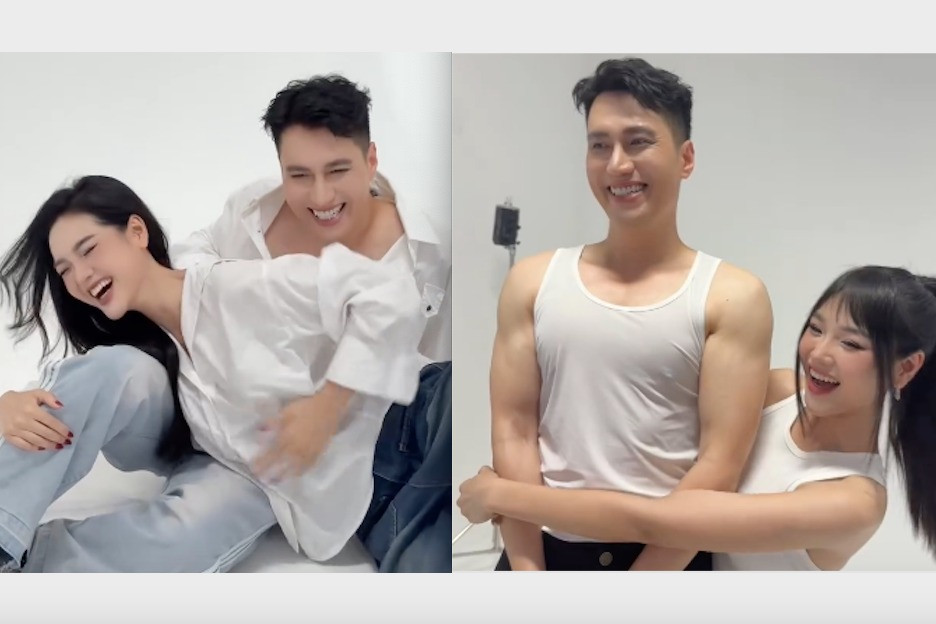 Việt Anh và Cù Thị Trà thân thiết trong buổi chụp ảnh.