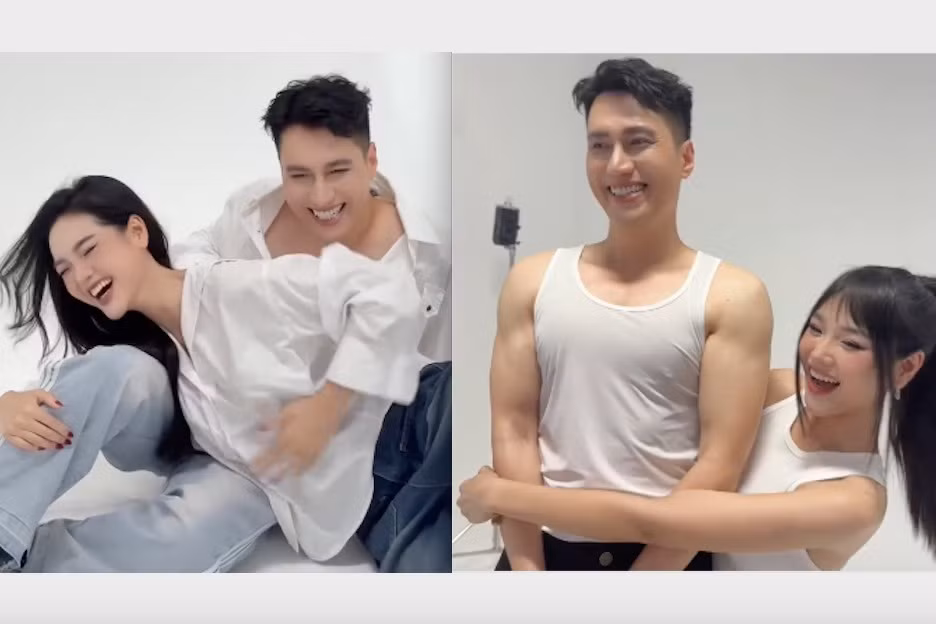 Việt Anh và Cù Thị Trà thân thiết trong buổi chụp ảnh.