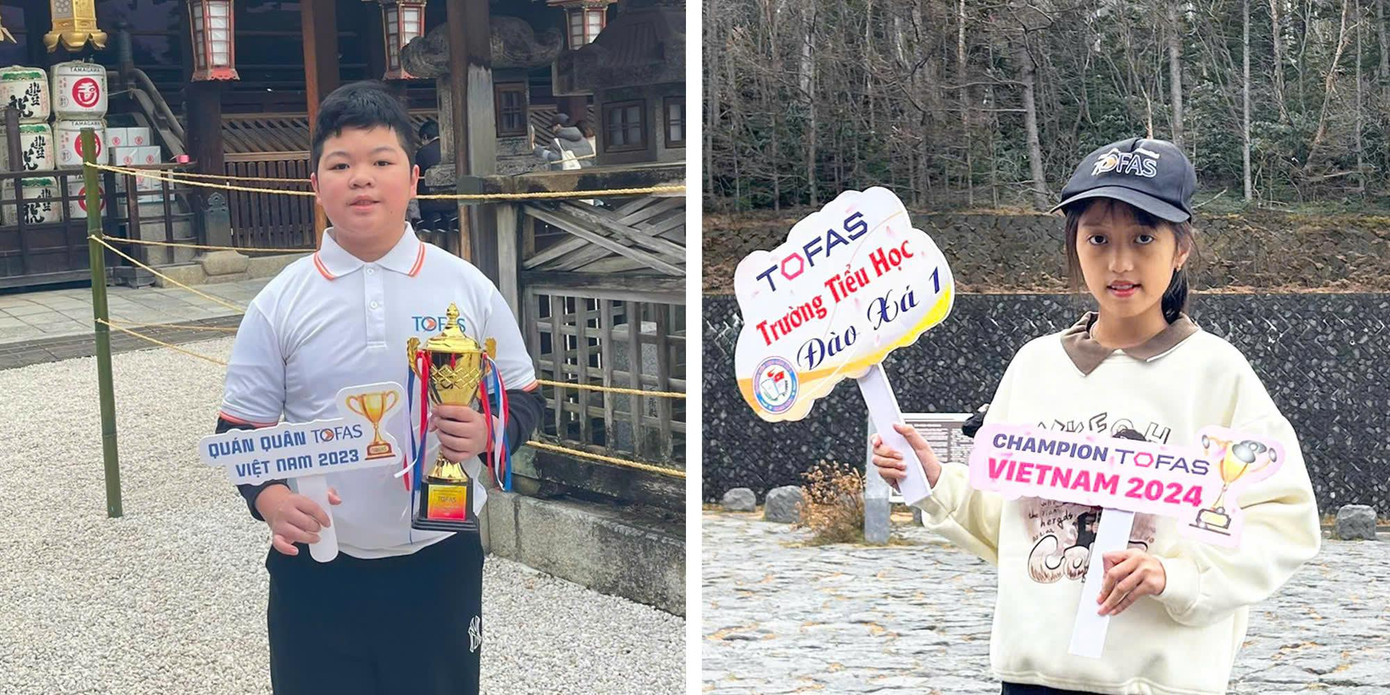 Hình ảnh Luyện Quang Minh và Trần Hải Yến với phần thưởng - chuyến đi Nhật Bản sau khi đạt Quán quân “Chương trình đánh giá năng lực toán toàn cầu TOFAS”. Hình ảnh Luyện Quang Minh và Trần Hải Yến với phần thưởng - chuyến đi Nhật Bản sau khi đạt Quán quân “Chương trình đánh giá năng lực toán toàn cầu TOFAS”.